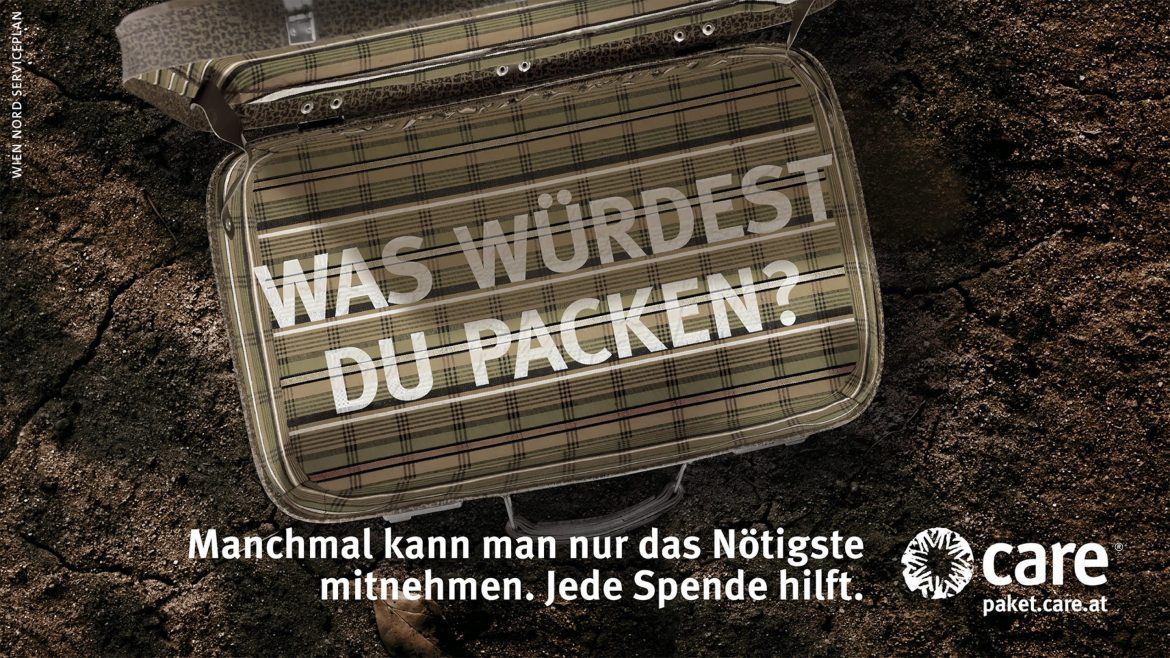 CARE Kampagne Weltflüchtlingstag, Koffer mit Aufschrift 